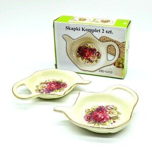Polish Classic Rose Floral Porcelain Tea Bag Holder Spoon Rests NIB (2)